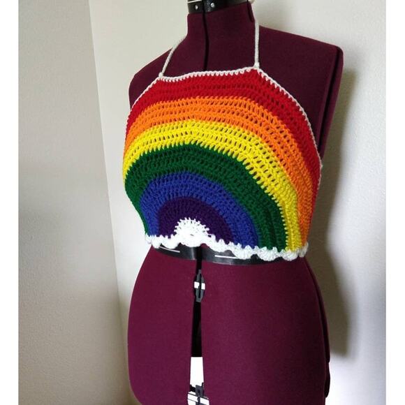 Large Rainbow Halter Top crochet handmade tie at neck and two around chest crop - Picture 5 of 10